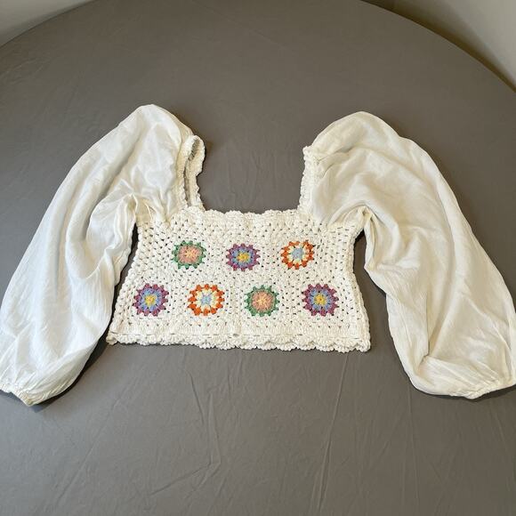 Aerie Womens Crochet Vacay Top Medium Boho Granny Square Festival 70s Hippie - Picture 3 of 10